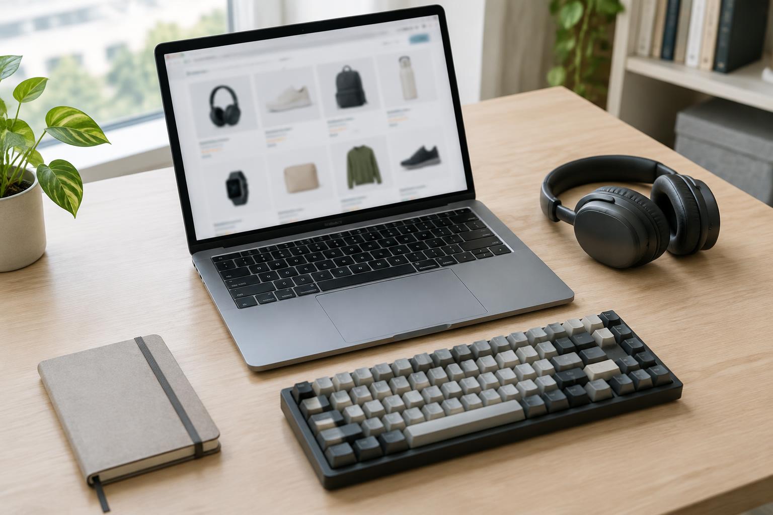Világos íróasztalon nyitott laptop elmosódott webshop-termékoldallal a képernyőn, előtte külső billentyűzet, mellette fekete fejhallgató, jegyzetfüzet és cserepes növény, emberi arc nélkül