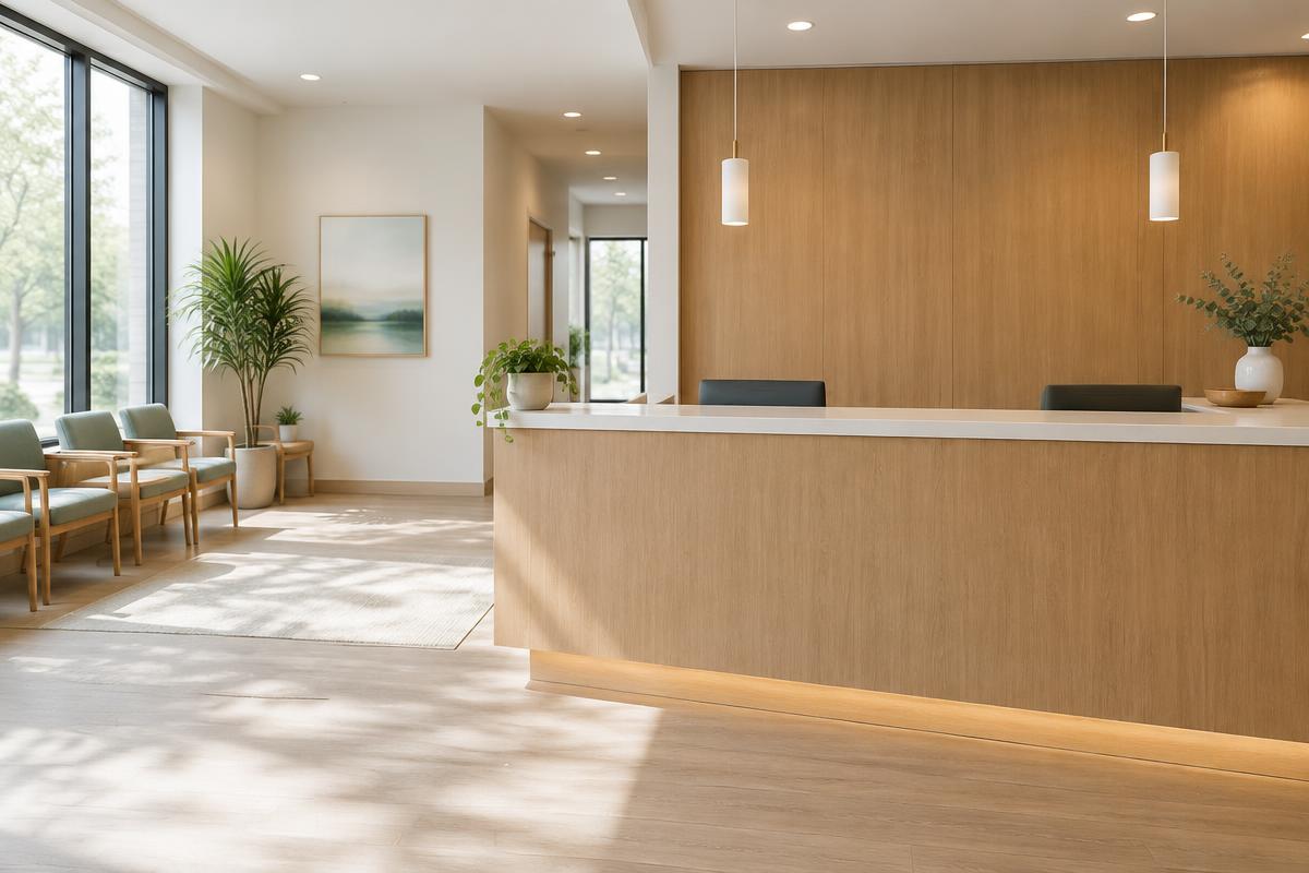 Üres rendelői recepciós pult, felirat és emberi arc nélkül