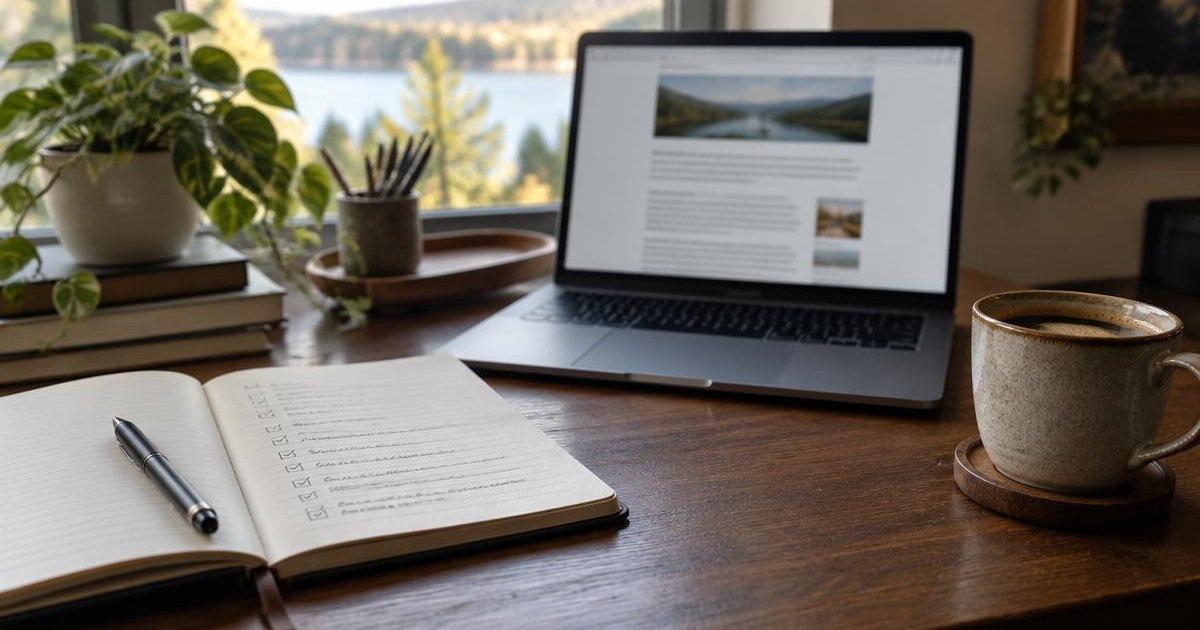 Íróasztalon nyitott jegyzetfüzet kipipált ellenőrzőlistával, mellette laptop egy blogcikk elmosódott szövegével és egy csésze kávé