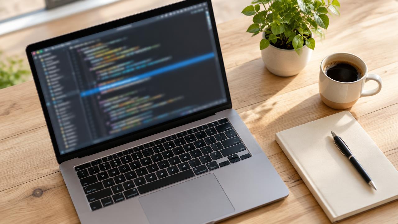 Laptop képernyőjén egy weboldal HTML-fejléce kiemelt canonical link sorral, mellette jegyzetfüzet, emberi arc nélkül