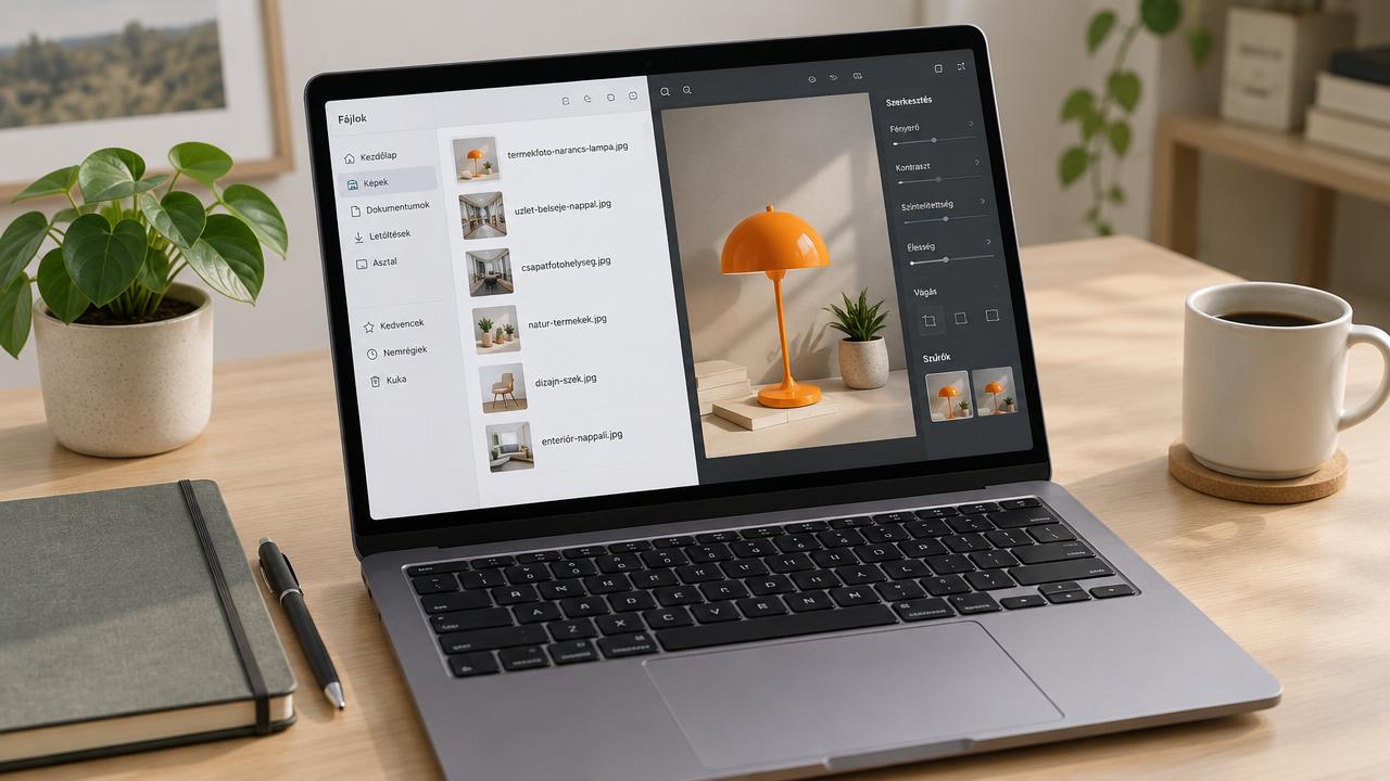 Laptop képernyőjén fájlkezelő beszédes, kötőjeles képfájlnevekkel és képszerkesztő, mellette jegyzetfüzet, emberi arc nélkül