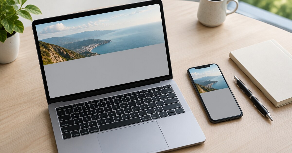 Íróasztalon laptop és okostelefon, mindkét képernyőn egy weboldal épp betöltődő nagy fejlécképe, mellette jegyzetfüzet, emberi arc nélkül