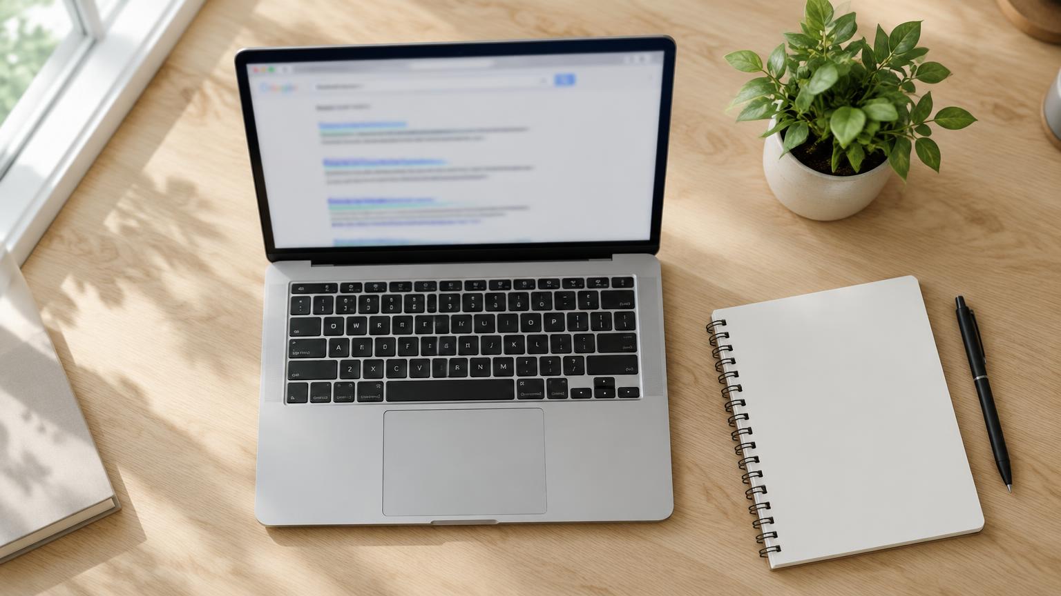 Világos íróasztal felülnézetből: nyitott laptop elmosódott keresési találati oldallal, mellette spirálfüzet, toll és cserepes zöld növény, emberi arc és olvasható felirat nélkül