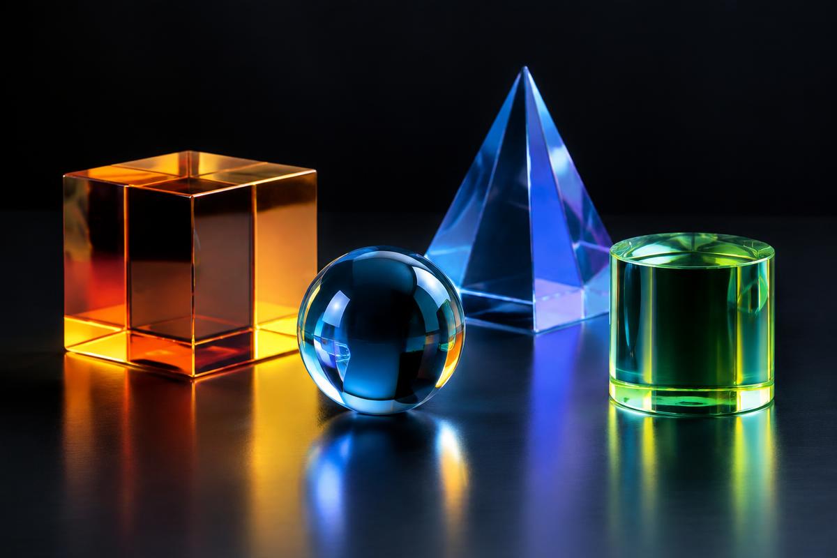 Világító geometrikus üvegformák sötét stúdióban, szöveg nélkül