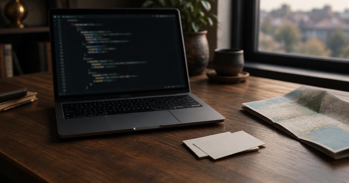 Íróasztalon nyitott laptop, a képernyőn kódsorok, mellette üres névjegykártyák és egy összehajtott térkép