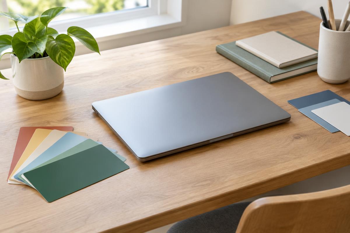 Zárt laptop és színminták egy tervezői asztalon, emberi arc nélkül