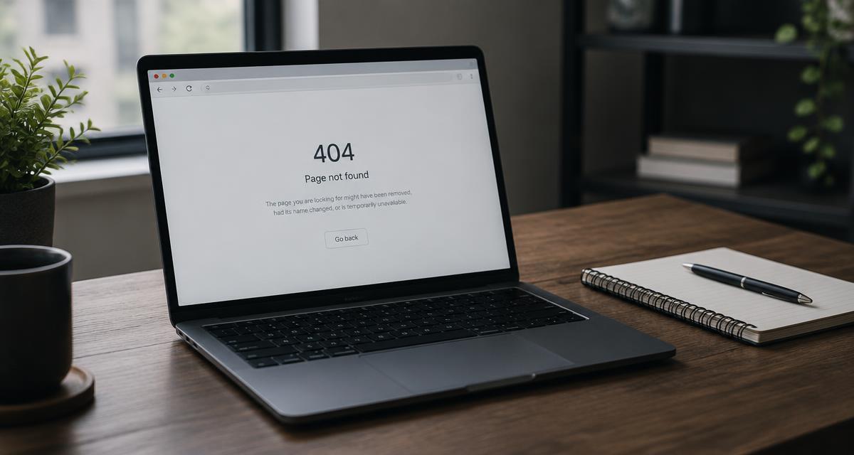 Íróasztalon nyitott laptop, a böngészőben egy 404-es hibaoldal látszik, mellette jegyzetfüzet és toll