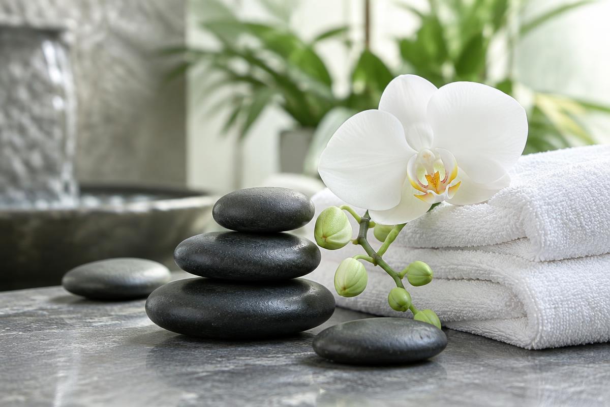 Spa kövek, fehér törölköző és orchidea, felirat nélkül