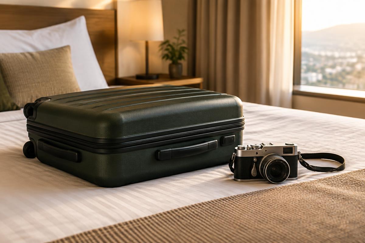 Zárt bőrönd és fényképezőgép egy hotelszobai ágyon, felirat nélkül