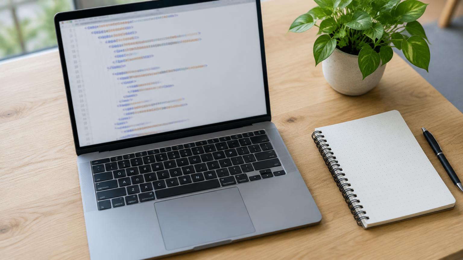 Laptop képernyőjén XML sitemap fájl részlete, mellette jegyzetfüzet, emberi arc nélkül